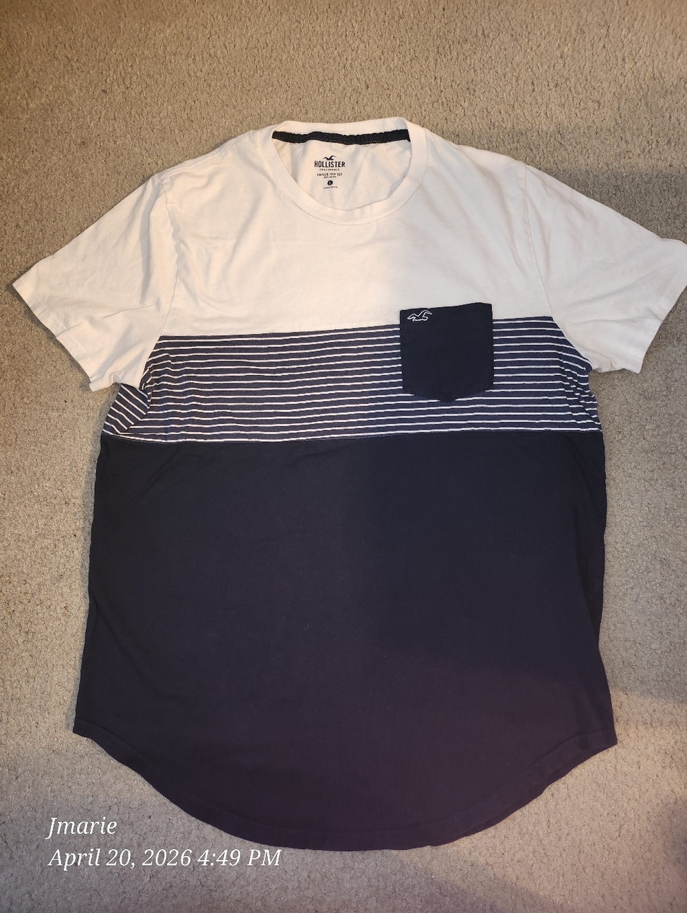 Hollister White and Navy Striped Pocket Tee
